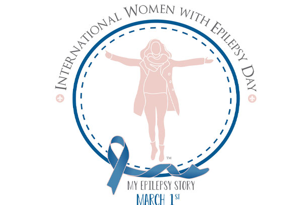 Logo for International Women with Epilepsy Day featuring a woman and a blue ribbon.